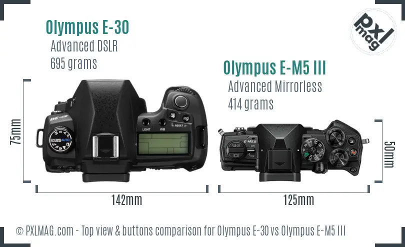 Olympus E-30 vs Olympus E-M5 III top view buttons comparison