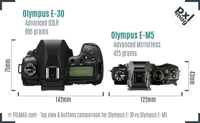 Olympus E-30 vs Olympus E-M5 top view buttons comparison