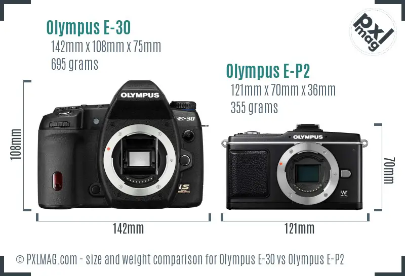 Olympus E-30 vs Olympus E-P2 size comparison
