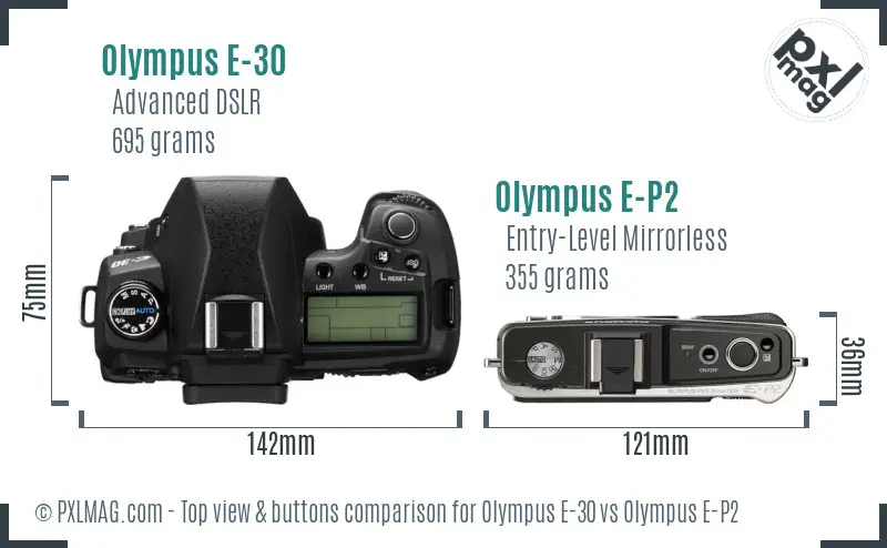 Olympus E-30 vs Olympus E-P2 top view buttons comparison
