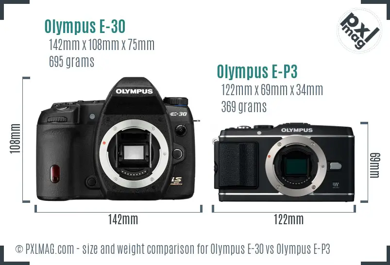 Olympus E-30 vs Olympus E-P3 size comparison
