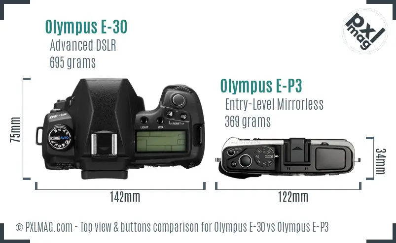 Olympus E-30 vs Olympus E-P3 top view buttons comparison