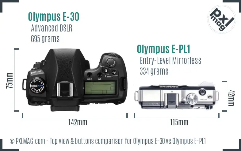 Olympus E-30 vs Olympus E-PL1 top view buttons comparison