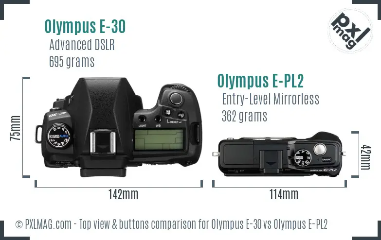 Olympus E-30 vs Olympus E-PL2 top view buttons comparison