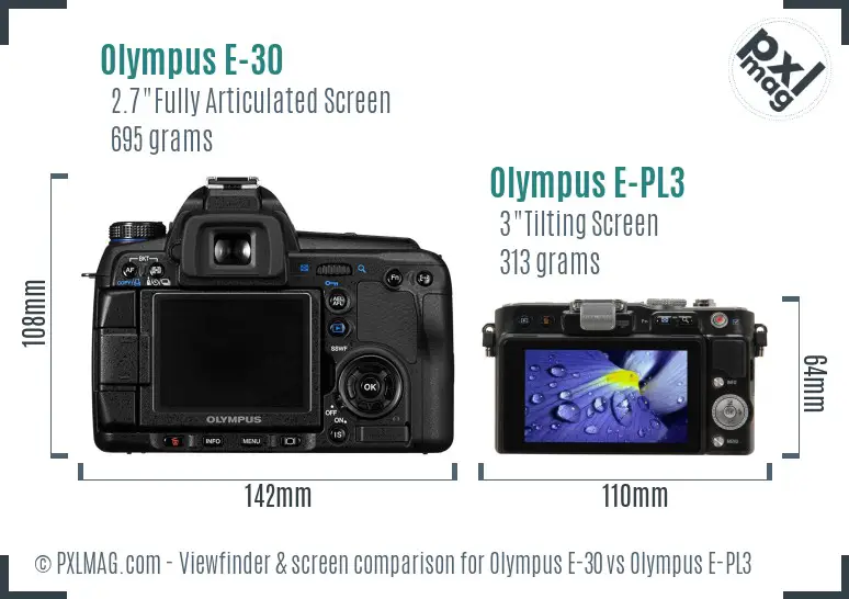 Olympus E-30 vs Olympus E-PL3 Screen and Viewfinder comparison