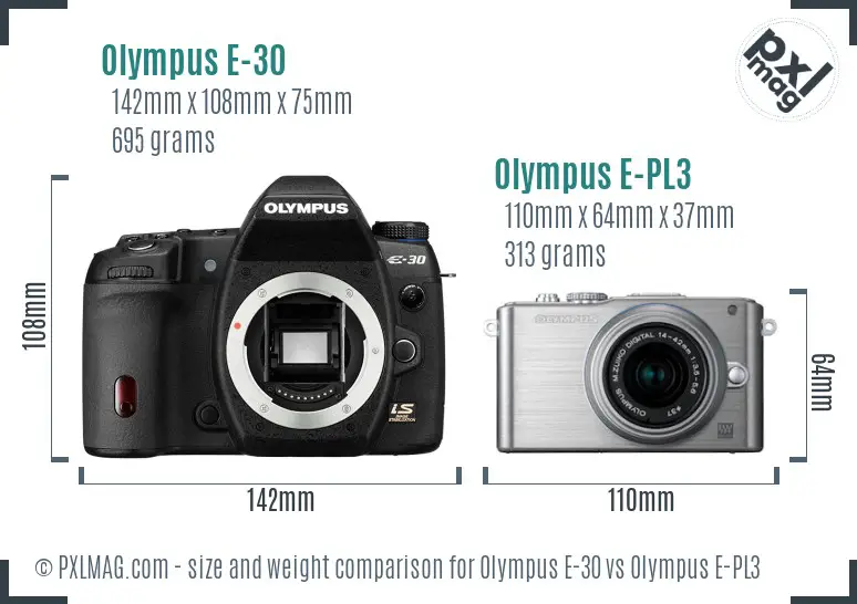 Olympus E-30 vs Olympus E-PL3 size comparison