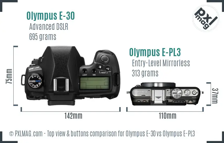 Olympus E-30 vs Olympus E-PL3 top view buttons comparison