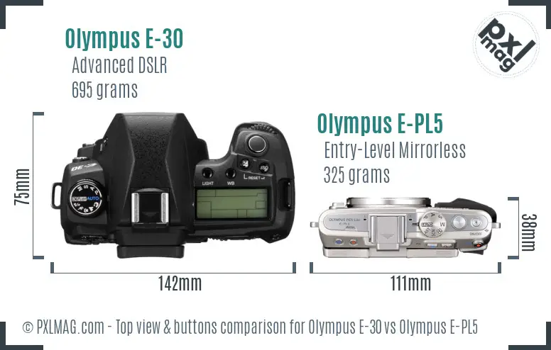 Olympus E-30 vs Olympus E-PL5 top view buttons comparison