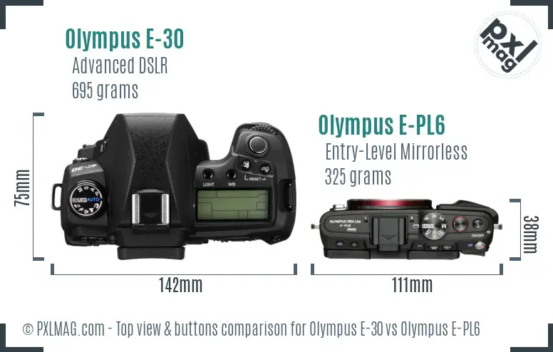 Olympus E-30 vs Olympus E-PL6 top view buttons comparison