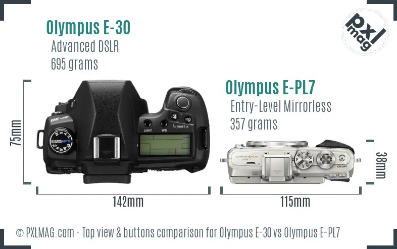 Olympus E-30 vs Olympus E-PL7 top view buttons comparison
