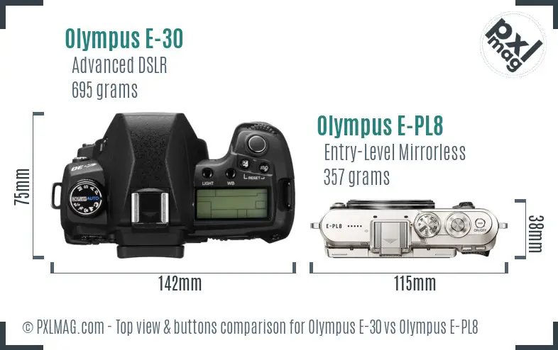 Olympus E-30 vs Olympus E-PL8 top view buttons comparison