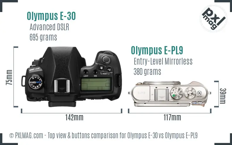Olympus E-30 vs Olympus E-PL9 top view buttons comparison