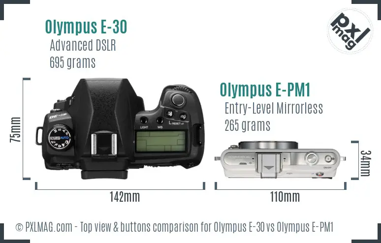 Olympus E-30 vs Olympus E-PM1 top view buttons comparison