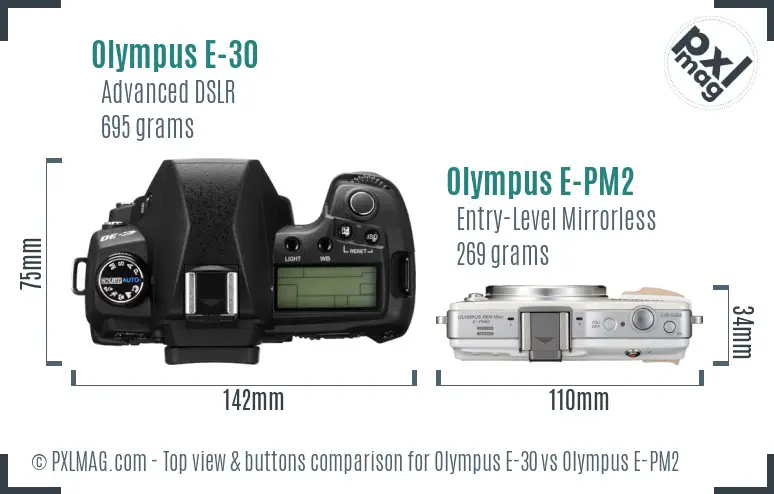 Olympus E-30 vs Olympus E-PM2 top view buttons comparison
