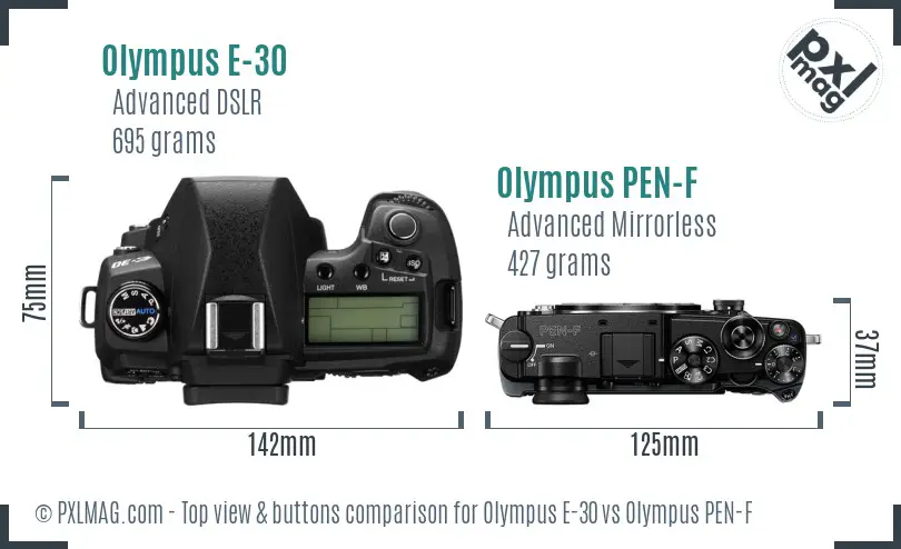 Olympus E-30 vs Olympus PEN-F top view buttons comparison