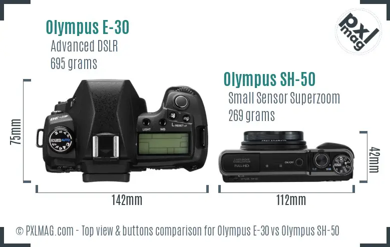 Olympus E-30 vs Olympus SH-50 top view buttons comparison