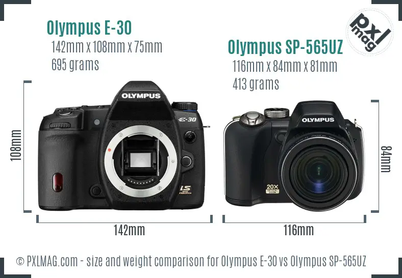 Olympus E-30 vs Olympus SP-565UZ size comparison