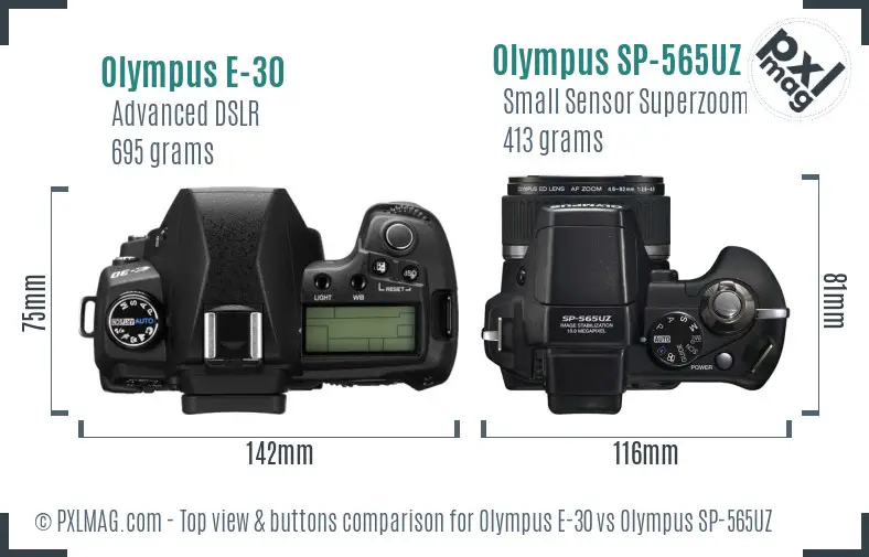 Olympus E-30 vs Olympus SP-565UZ top view buttons comparison