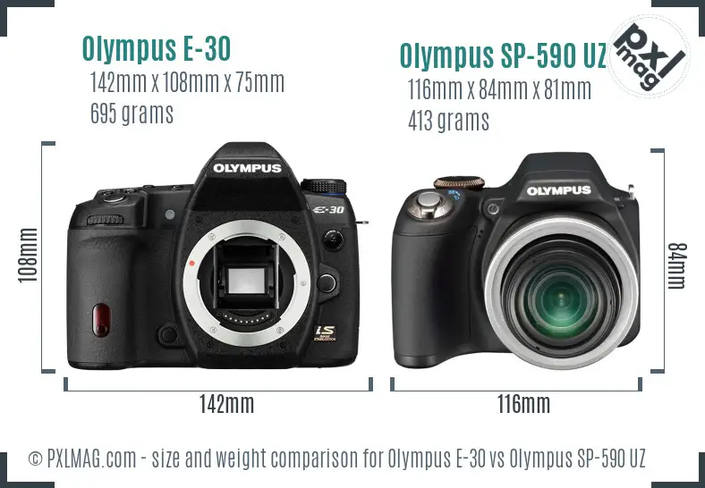 Olympus E-30 vs Olympus SP-590 UZ size comparison