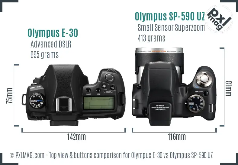 Olympus E-30 vs Olympus SP-590 UZ top view buttons comparison