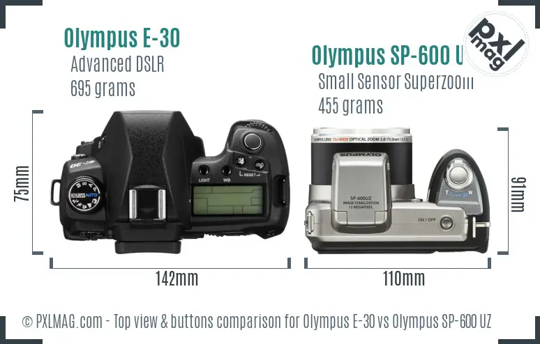 Olympus E-30 vs Olympus SP-600 UZ top view buttons comparison