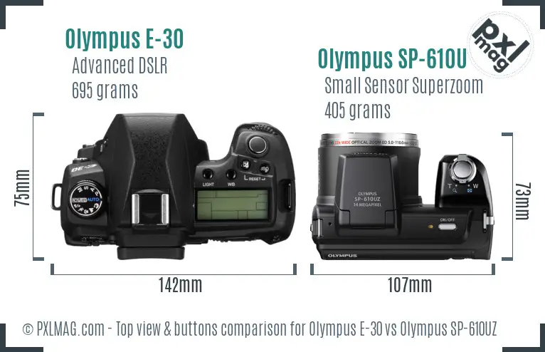 Olympus E-30 vs Olympus SP-610UZ top view buttons comparison