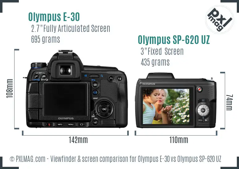 Olympus E-30 vs Olympus SP-620 UZ Screen and Viewfinder comparison