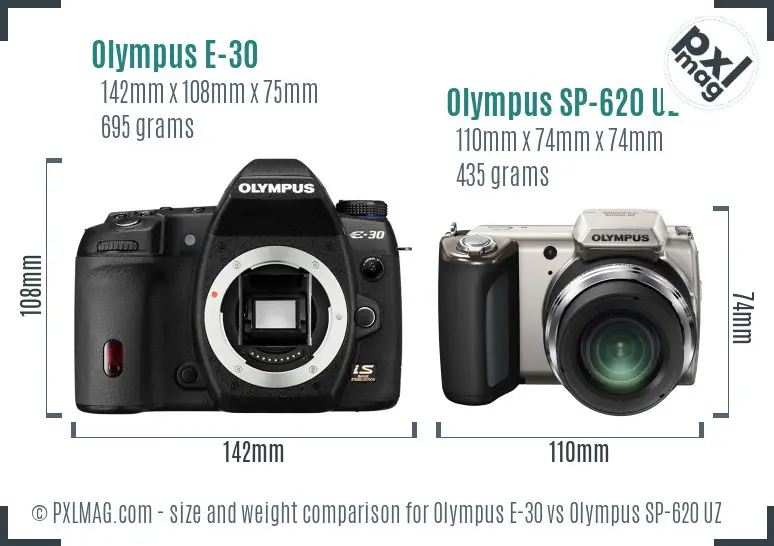 Olympus E-30 vs Olympus SP-620 UZ size comparison