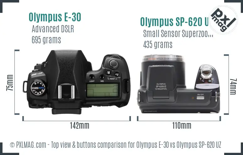 Olympus E-30 vs Olympus SP-620 UZ top view buttons comparison