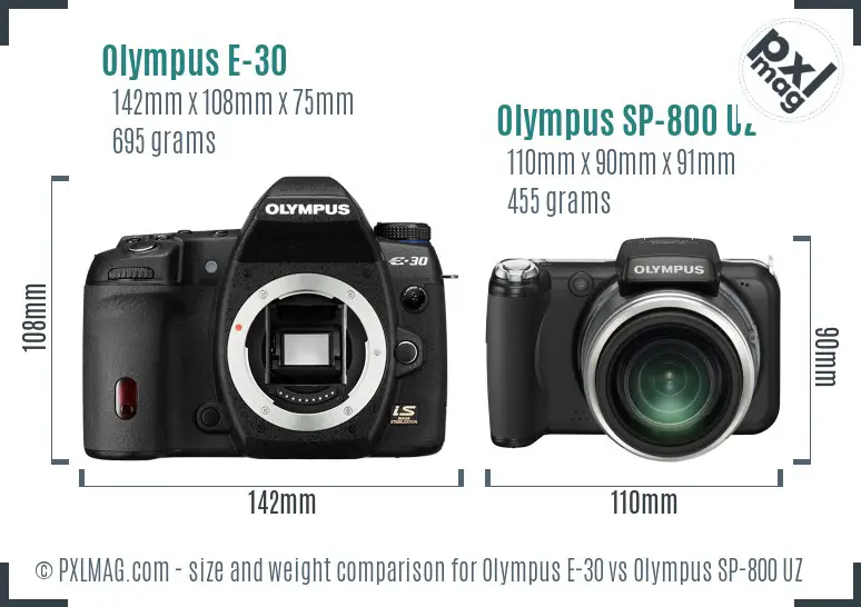 Olympus E-30 vs Olympus SP-800 UZ size comparison