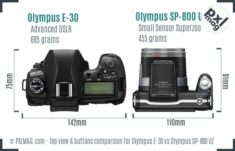 Olympus E-30 vs Olympus SP-800 UZ top view buttons comparison