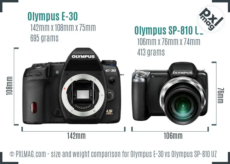 Olympus E-30 vs Olympus SP-810 UZ size comparison
