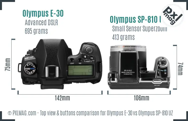 Olympus E-30 vs Olympus SP-810 UZ top view buttons comparison