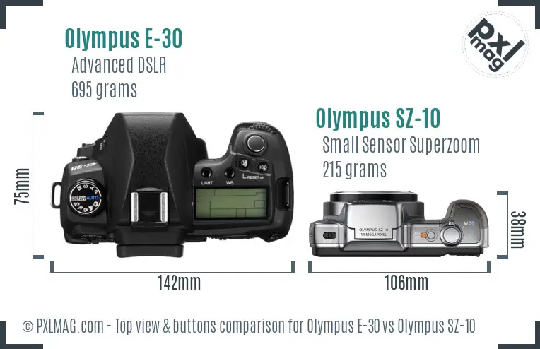Olympus E-30 vs Olympus SZ-10 top view buttons comparison