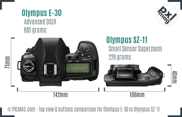 Olympus E-30 vs Olympus SZ-11 top view buttons comparison