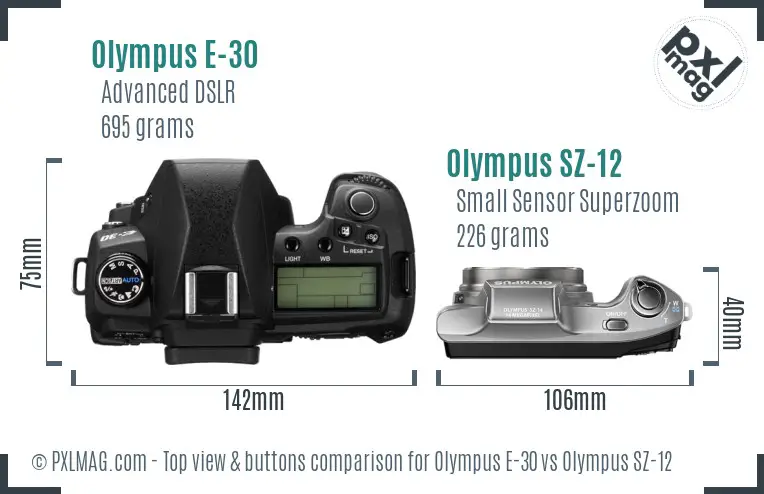 Olympus E-30 vs Olympus SZ-12 top view buttons comparison