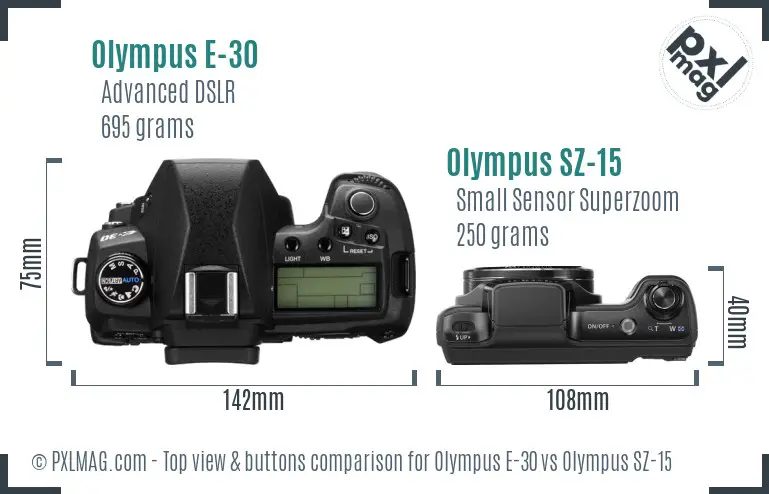 Olympus E-30 vs Olympus SZ-15 top view buttons comparison