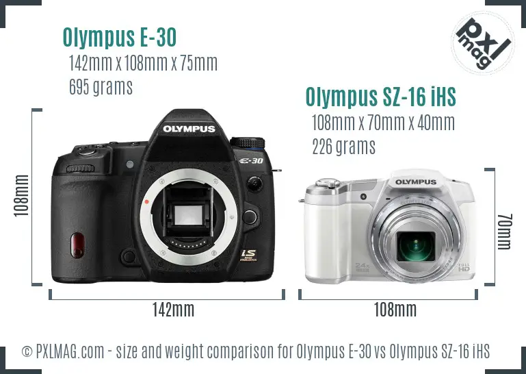 Olympus E-30 vs Olympus SZ-16 iHS size comparison