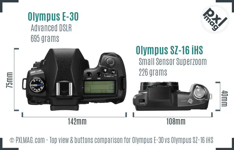 Olympus E-30 vs Olympus SZ-16 iHS top view buttons comparison