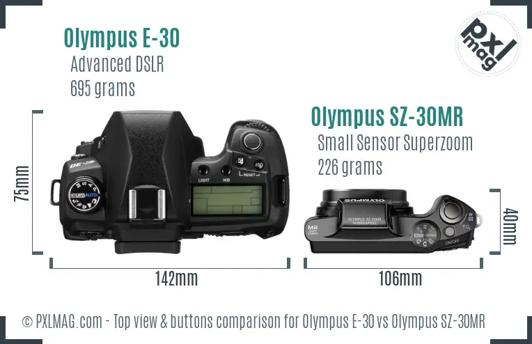 Olympus E-30 vs Olympus SZ-30MR top view buttons comparison