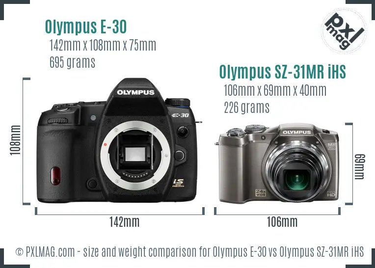 Olympus E-30 vs Olympus SZ-31MR iHS size comparison