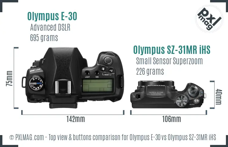 Olympus E-30 vs Olympus SZ-31MR iHS top view buttons comparison