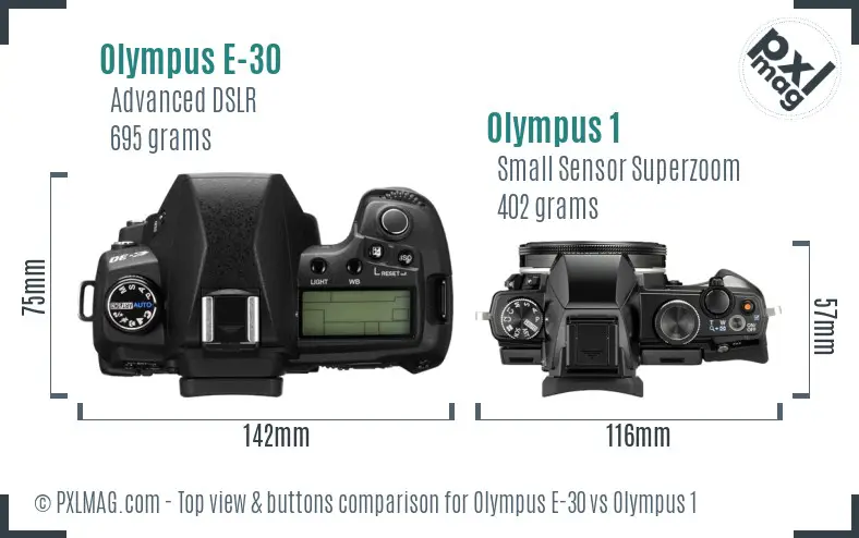 Olympus E-30 vs Olympus 1 top view buttons comparison