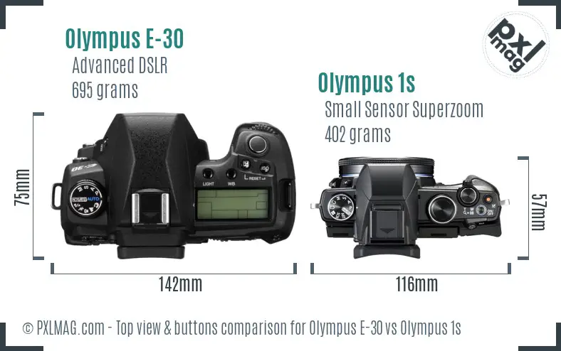 Olympus E-30 vs Olympus 1s top view buttons comparison