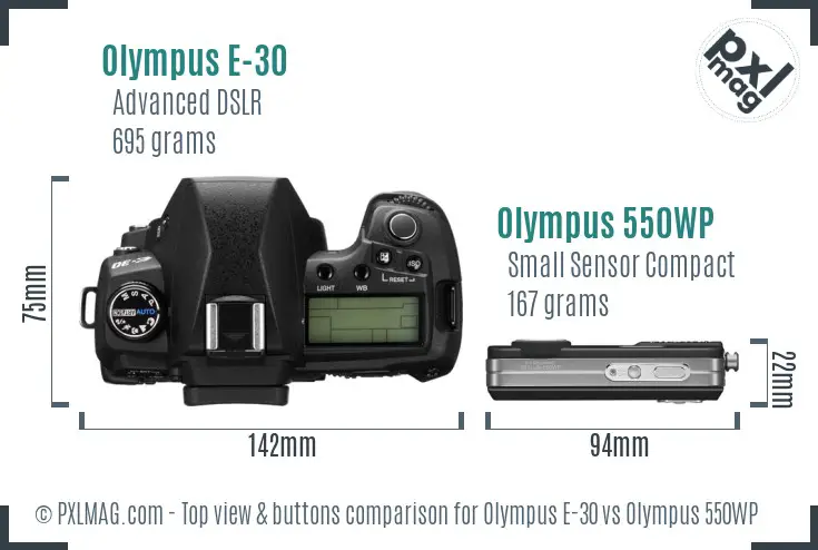 Olympus E-30 vs Olympus 550WP top view buttons comparison