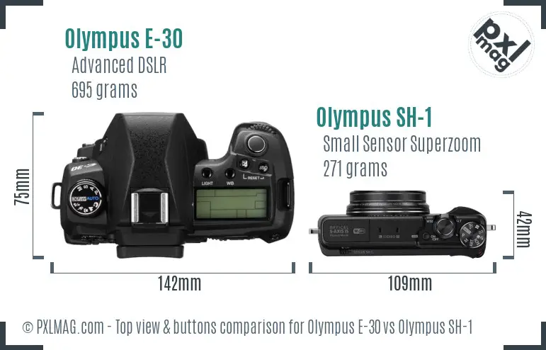 Olympus E-30 vs Olympus SH-1 top view buttons comparison