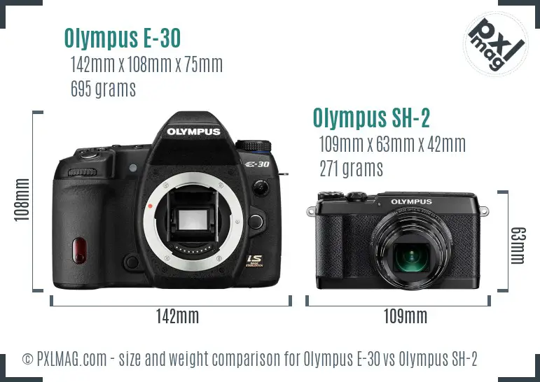 Olympus E-30 vs Olympus SH-2 size comparison