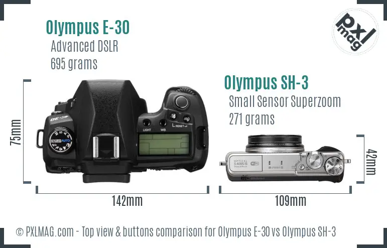Olympus E-30 vs Olympus SH-3 top view buttons comparison