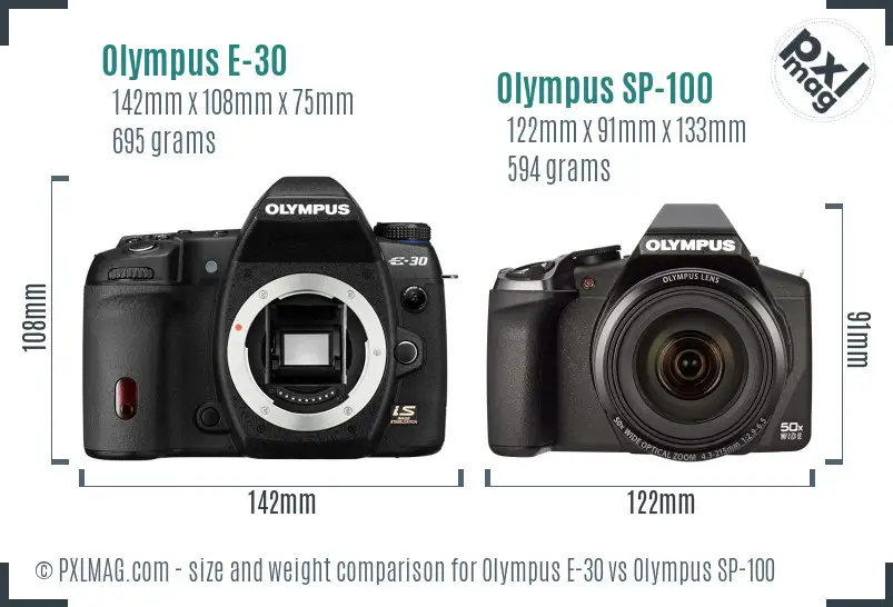 Olympus E-30 vs Olympus SP-100 size comparison