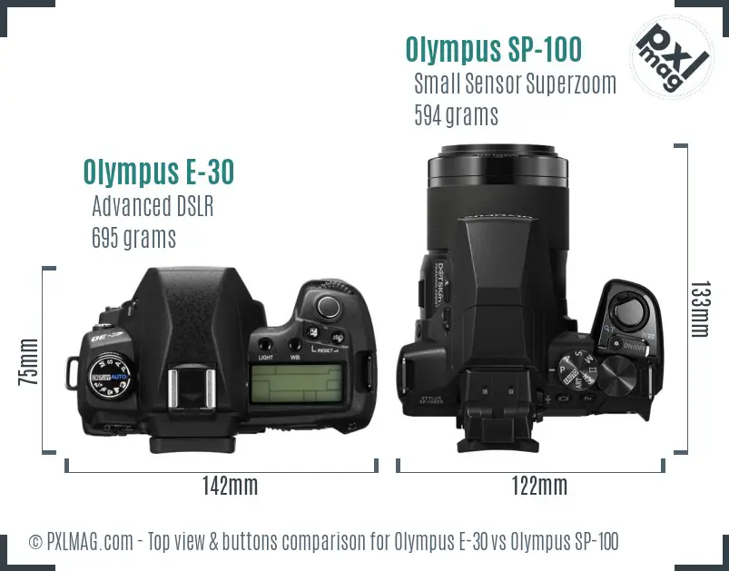 Olympus E-30 vs Olympus SP-100 top view buttons comparison